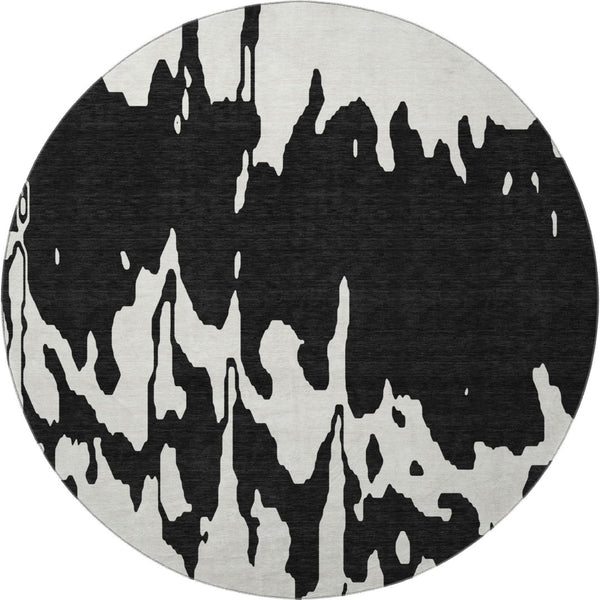 HomeRoots 8' Black And Ivory Abstract Round Rug - Washable, Stain-Resistant, UV Protected for Modern Spaces 676113