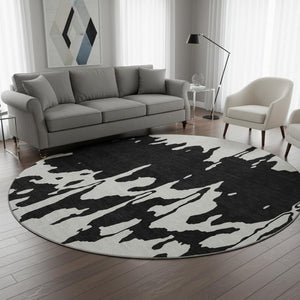 HomeRoots 8' Black And Ivory Abstract Round Rug - Washable, Stain-Resistant, UV Protected for Modern Spaces 676113