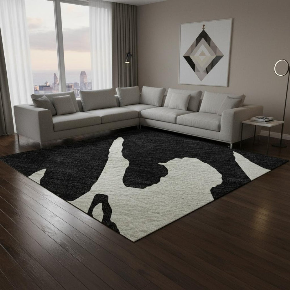 HomeRoots 8' X 10' Modern Black and Ivory Abstract Area Rug – Washable, UV Protected, Durable & Easy-Care Design 676114