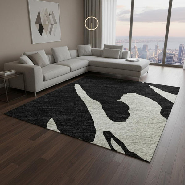 HomeRoots 9' X 12' Black And Ivory Abstract Area Rug - Washable, UV Protected, Perfect for High-Traffic Homes 676115