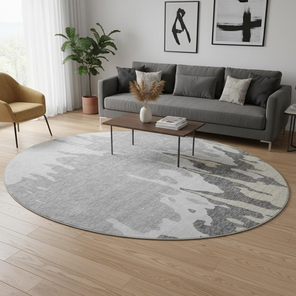 HomeRoots 8' Gray And Silver Abstract Washable Round Rug – Durable, UV-Protected, Kid & Pet-Friendly Design 676125