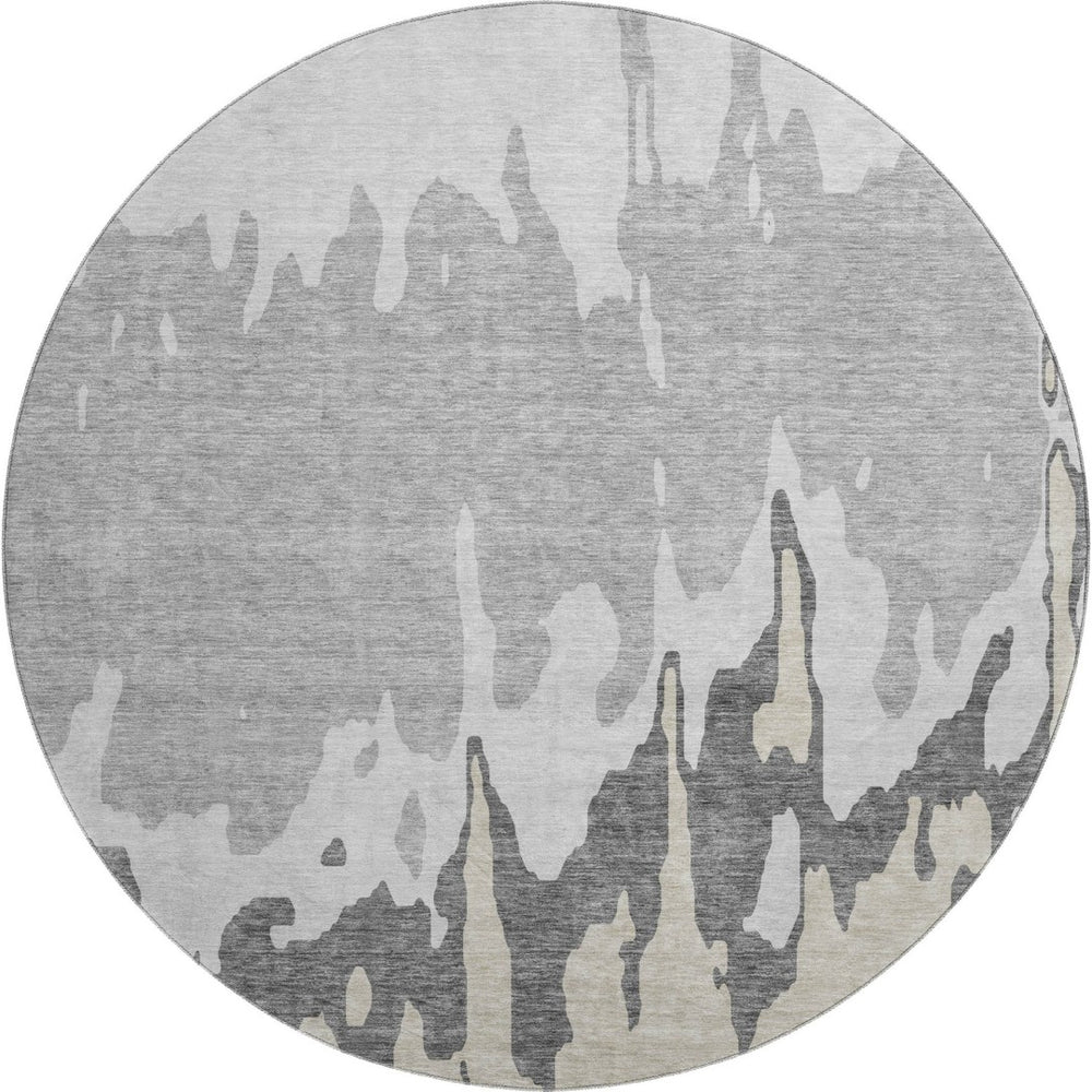 HomeRoots 8' Gray And Silver Abstract Washable Round Rug – Durable, UV-Protected, Kid & Pet-Friendly Design 676125