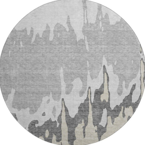 HomeRoots 8' Gray And Silver Abstract Washable Round Rug – Durable, UV-Protected, Kid & Pet-Friendly Design 676125