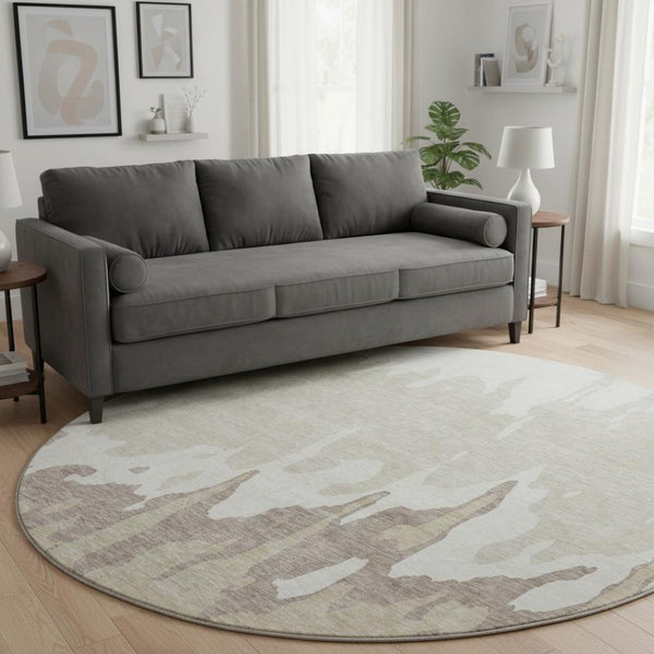 HomeRoots 8' Abstract Washable Round Area Rug in Ivory Beige & Khaki - Durable, UV Protected, Stylish & Easy-Care! 676131