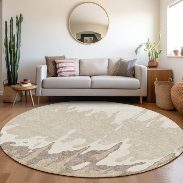 HomeRoots 8' Abstract Washable Round Area Rug in Ivory Beige & Khaki - Durable, UV Protected, Stylish & Easy-Care! 676131