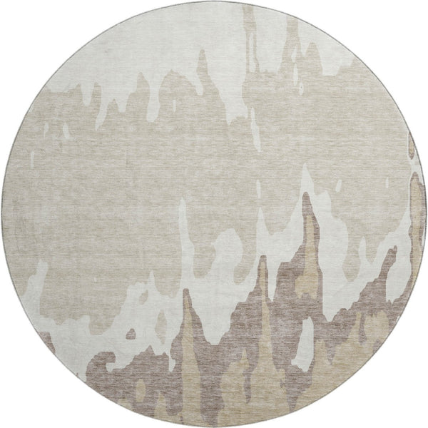 HomeRoots 8' Abstract Washable Round Area Rug in Ivory Beige & Khaki - Durable, UV Protected, Stylish & Easy-Care! 676131