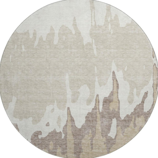 HomeRoots 8' Abstract Washable Round Area Rug in Ivory Beige & Khaki - Durable, UV Protected, Stylish & Easy-Care! 676131