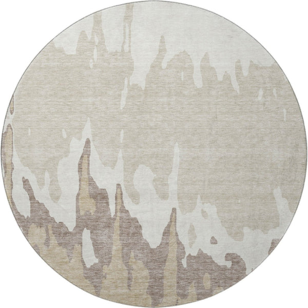 HomeRoots 8' Abstract Washable Round Area Rug in Ivory Beige & Khaki - Durable, UV Protected, Stylish & Easy-Care! 676131