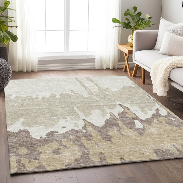 HomeRoots 8' X 10' Abstract Washable Area Rug in Ivory, Beige & Khaki with UV Protection for Busy Homes 676132