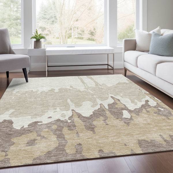 HomeRoots 8' X 10' Abstract Washable Area Rug in Ivory, Beige & Khaki with UV Protection for Busy Homes 676132