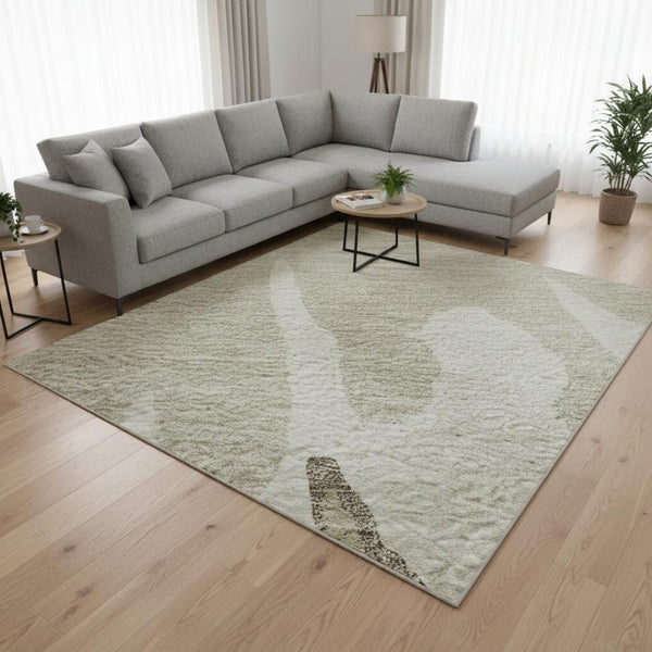 HomeRoots 10' X 14' Washable Ivory Beige Khaki Abstract Area Rug with UV Protection for High-Traffic Spaces 676134