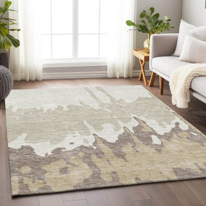 HomeRoots 10' X 14' Washable Ivory Beige Khaki Abstract Area Rug with UV Protection for High-Traffic Spaces 676134