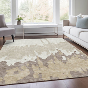 HomeRoots 10' X 14' Washable Ivory Beige Khaki Abstract Area Rug with UV Protection for High-Traffic Spaces 676134