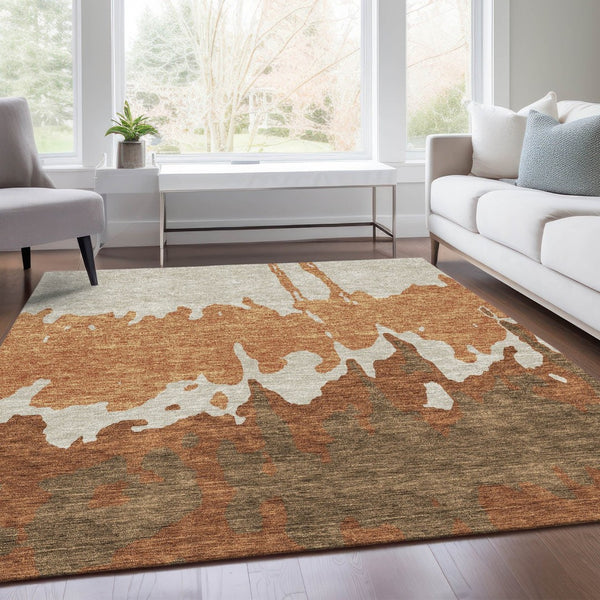HomeRoots 5' X 8' Modern Abstract Washable Area Rug in Rust Beige & Brown - Durable, UV Protected & Stylish 676136