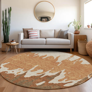 HomeRoots 8' Modern Abstract Rust Beige Brown Round Rug - Washable, UV Protected, Stain Resistant for Durability 676137
