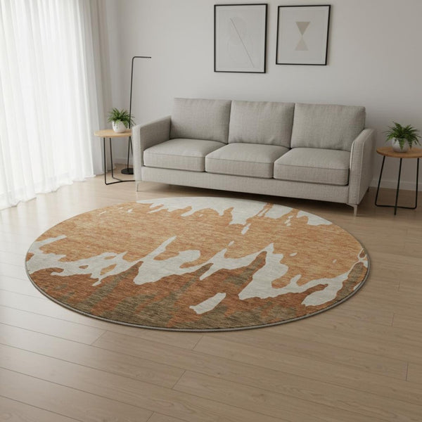 HomeRoots 8' Modern Abstract Rust Beige Brown Round Rug - Washable, UV Protected, Stain Resistant for Durability 676137