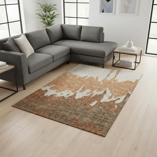 HomeRoots 10' x 14' Washable Area Rug in Rust Beige & Brown - Durable, UV-Protected, Perfect for Family Spaces! 676140