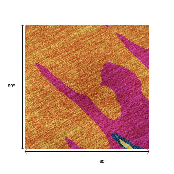 HomeRoots 5' Vibrant Abstract Area Rug in Pink, Orange, Blue & Lime - Washable, UV-Protected, Kid-Friendly Design 676142