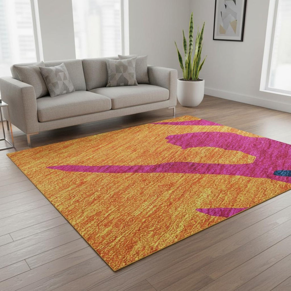 HomeRoots 5' Vibrant Abstract Area Rug in Pink, Orange, Blue & Lime - Washable, UV-Protected, Kid-Friendly Design 676142