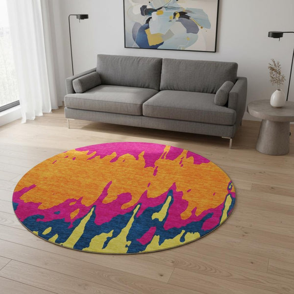 HomeRoots 8' Vibrant Abstract Round Rug with UV Protection - Washable, Stain-Resistant for Kids & Pets! 676143