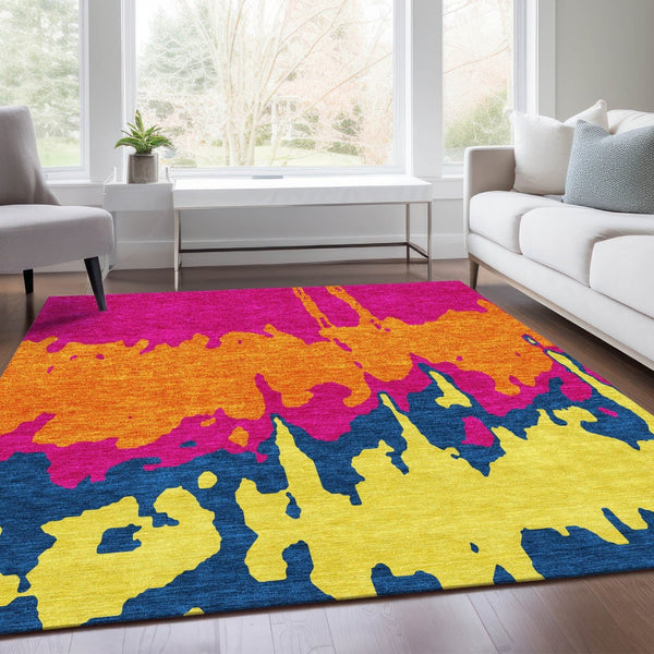 HomeRoots 10' X 14' Vibrant Abstract Area Rug in Pink, Orange, Blue & Green - Washable & UV Protected Design 676146