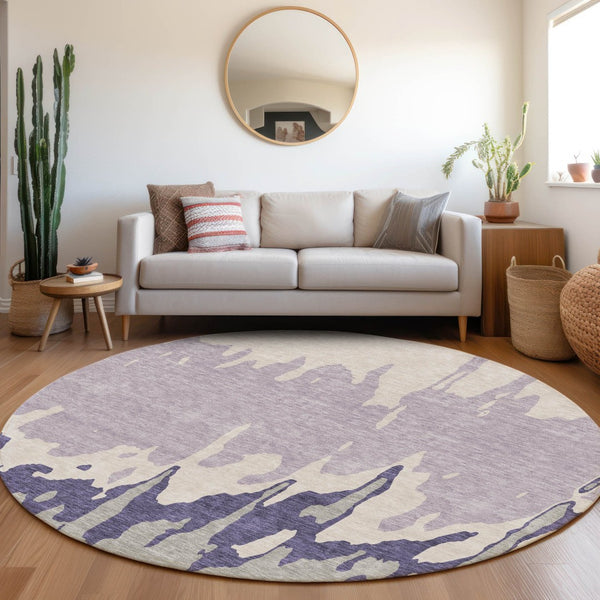 HomeRoots 8' Washable Round Rug in Purple, Ivory & Gray - Durable, UV Protected, Ideal for Busy Homes 676149