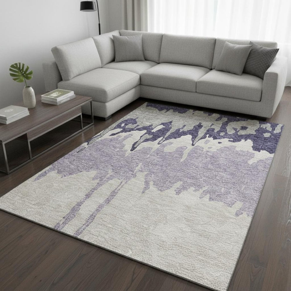 HomeRoots 9' X 12' Stylish Purple Ivory Gray Abstract Area Rug – Washable, UV-Protected, Stain-Resistant Design 676151
