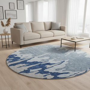 HomeRoots 8' Sky Blue & Beige Abstract Round Rug - Washable, UV-Protected, Durable for High-Traffic Areas 676155