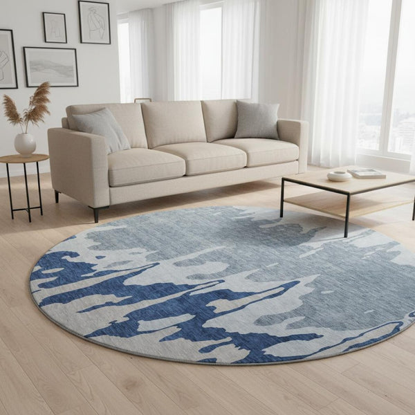 HomeRoots 8' Sky Blue & Beige Abstract Round Rug - Washable, UV-Protected, Durable for High-Traffic Areas 676155