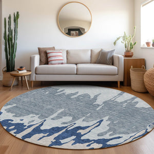 HomeRoots 8' Sky Blue & Beige Abstract Round Rug - Washable, UV-Protected, Durable for High-Traffic Areas 676155