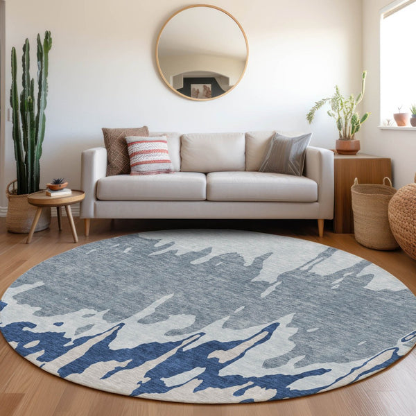 HomeRoots 8' Sky Blue & Beige Abstract Round Rug - Washable, UV-Protected, Durable for High-Traffic Areas 676155