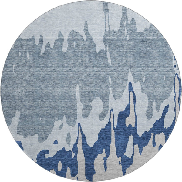 HomeRoots 8' Sky Blue & Beige Abstract Round Rug - Washable, UV-Protected, Durable for High-Traffic Areas 676155