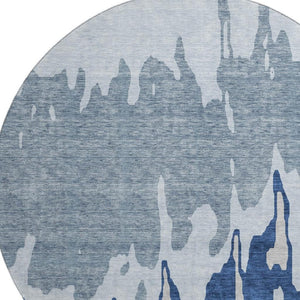 HomeRoots 8' Sky Blue & Beige Abstract Round Rug - Washable, UV-Protected, Durable for High-Traffic Areas 676155