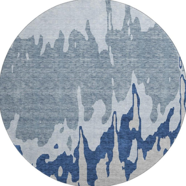 HomeRoots 8' Sky Blue & Beige Abstract Round Rug - Washable, UV-Protected, Durable for High-Traffic Areas 676155