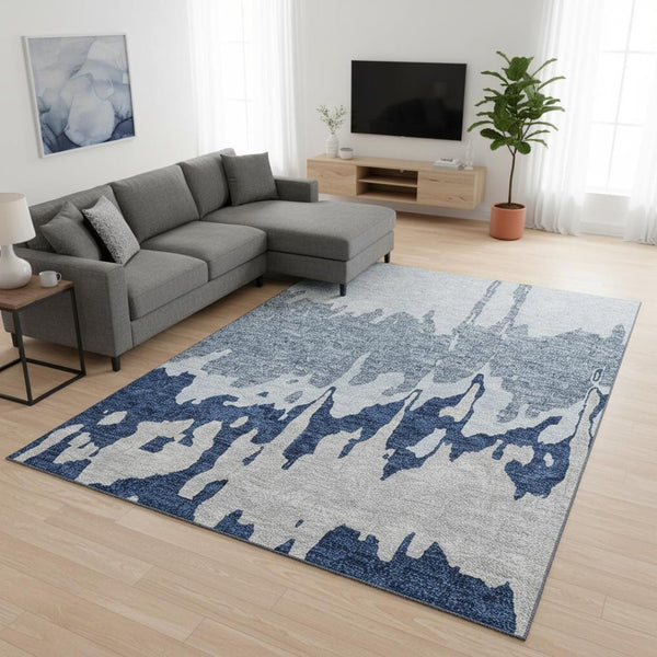 HomeRoots 10' X 14' Sky Blue Beige Abstract Area Rug - Washable, UV Protected, Stain Resistant for Homes 676158