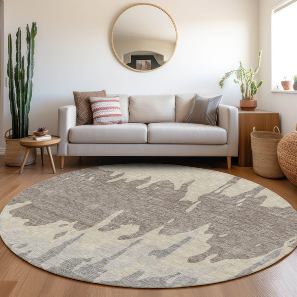 HomeRoots 8' Taupe Beige & Gray Abstract Washable Round Rug – Durable, UV-Protected & Stain-Resistant Design! 676161