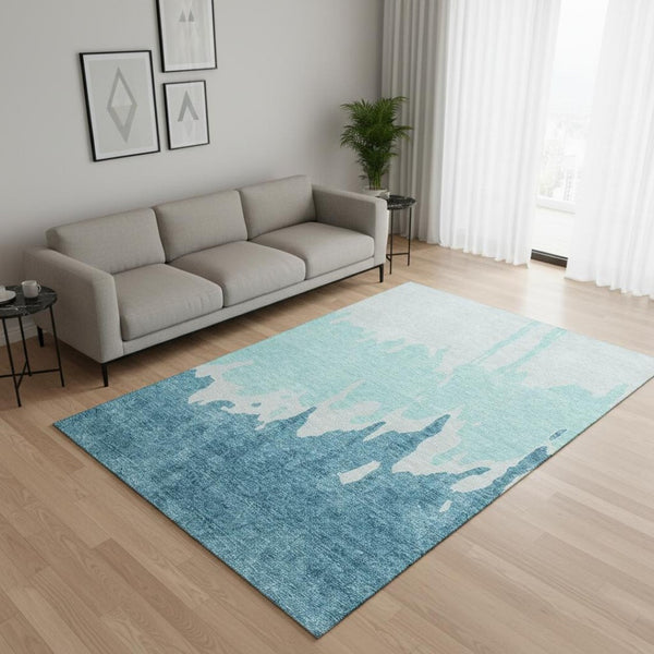 HomeRoots 5' X 8' Teal And Ivory Abstract Area Rug - Washable, UV-Protected, Perfect for Homes with Kids & Pets 676166
