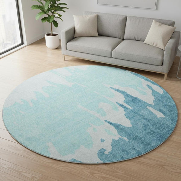 HomeRoots 8' Teal & Ivory Abstract Washable Round Rug - UV Protected, Stain-Resistant, Stylish & Durable Design 676167