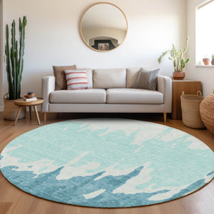 HomeRoots 8' Teal & Ivory Abstract Washable Round Rug - UV Protected, Stain-Resistant, Stylish & Durable Design 676167