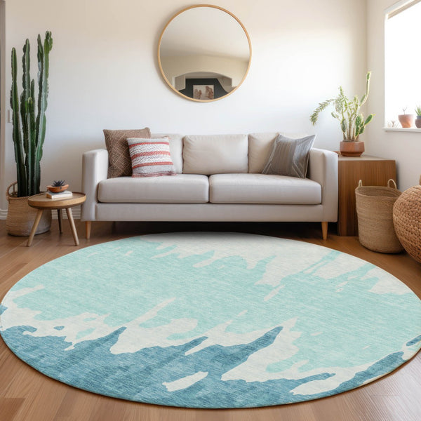 HomeRoots 8' Teal & Ivory Abstract Washable Round Rug - UV Protected, Stain-Resistant, Stylish & Durable Design 676167