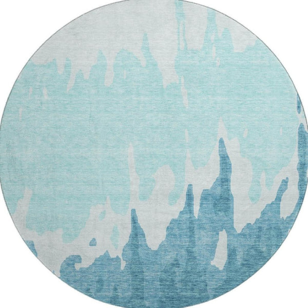 HomeRoots 8' Teal & Ivory Abstract Washable Round Rug - UV Protected, Stain-Resistant, Stylish & Durable Design 676167