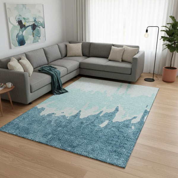 HomeRoots 8' X 10' Teal and Ivory Abstract Area Rug – Washable, UV Protected, Perfect for High-Traffic Spaces! 676168