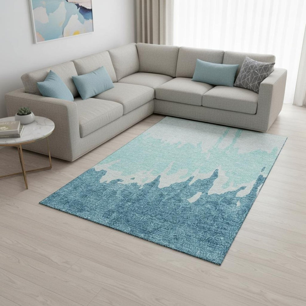 HomeRoots 9' X 12' Teal and Ivory Abstract Washable Area Rug - Durable, Stylish, Stain-Resistant for Homes 676169