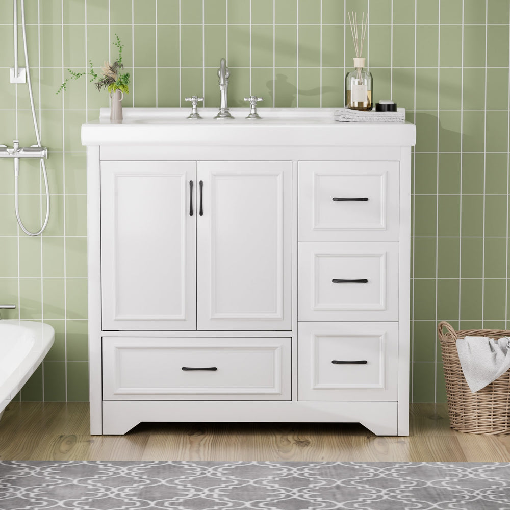 English Elm 36'' 36" Modern Bathroom Vanity with Ceramic Undermount Sink, White Cabinet, 2 Doors & 4 Drawers, Sturdy W1162S00012