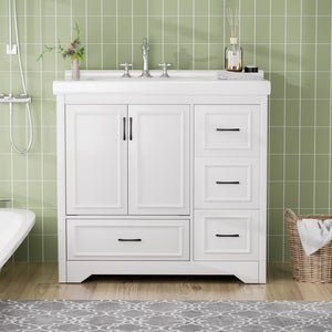 English Elm Cabinet Freestanding Bathroom Vanity White Finish 4 Drawers Waterproof Storage Base W1162P207071