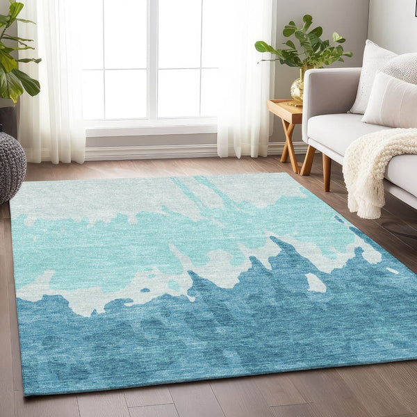 HomeRoots 10' Teal and Ivory Abstract Washable Area Rug - UV Protected, Easy-Care Design for Busy Homes! 676170