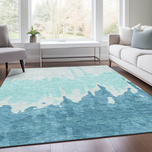 HomeRoots 10' Teal and Ivory Abstract Washable Area Rug - UV Protected, Easy-Care Design for Busy Homes! 676170