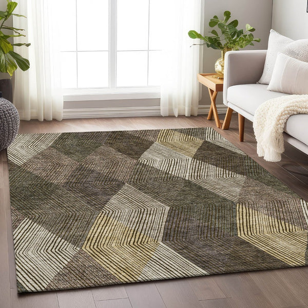 HomeRoots 10' Geometric Area Rug in Brown, Beige & Gray – Washable, Durable, UV-Protected for Homes with Kids 676176