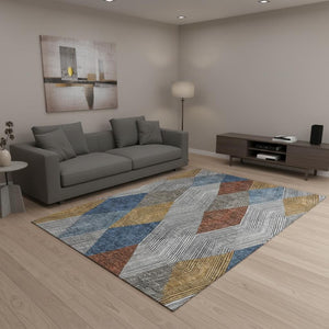 HomeRoots 5' X 8' Geometric Washable Area Rug in Gray-Blue & Gold – UV Protected, Soft & Stain Resistant! 676178