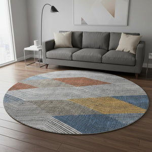 HomeRoots 8' Modern Gray Blue & Gold Geometric Washable Round Rug - UV Resistant, Perfect for High-Traffic Areas 676179